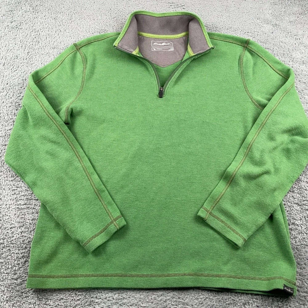 Eddie Bauer Sweater Mens Large Green 1/4 Zip Pullover Sweatshirt Outdoor Casual